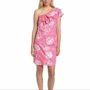 Lilly Pulitzer Dress Womens 4 One Shoulder Sandra Hottie Pink Dahlia Ruffle Mini